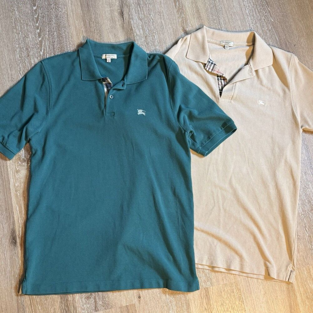 Burberry London Mens Polo Bundle of 2 Shirts Tan Green Size M Classic Fit Polos